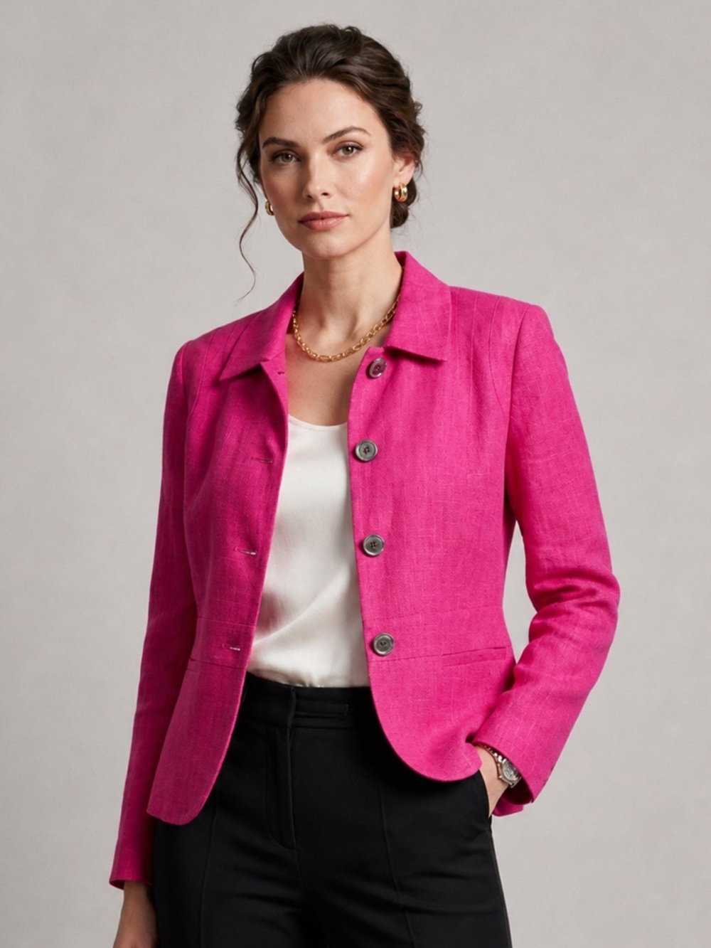 VTG Harve Benard Pink Linen Blazer Jacket Button Front Lightweight Size M